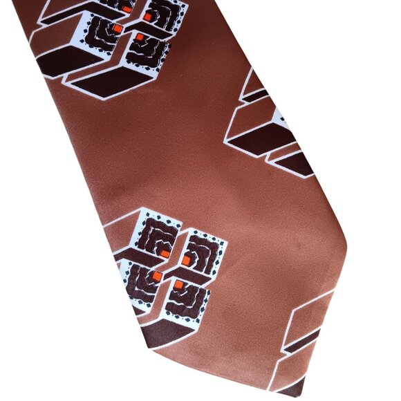 Vintage 1970's Mens Neckwear Brown Tie Geometric 3D Cube Design 54" Polyester - Picture 2 of 3